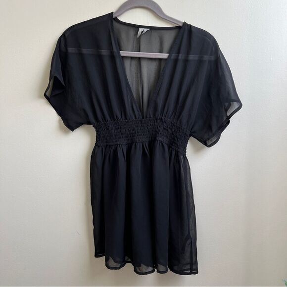 ASOS Dresses & Skirts - ASOS flutter sleeve mini beach dress black sheer smocked Size 4